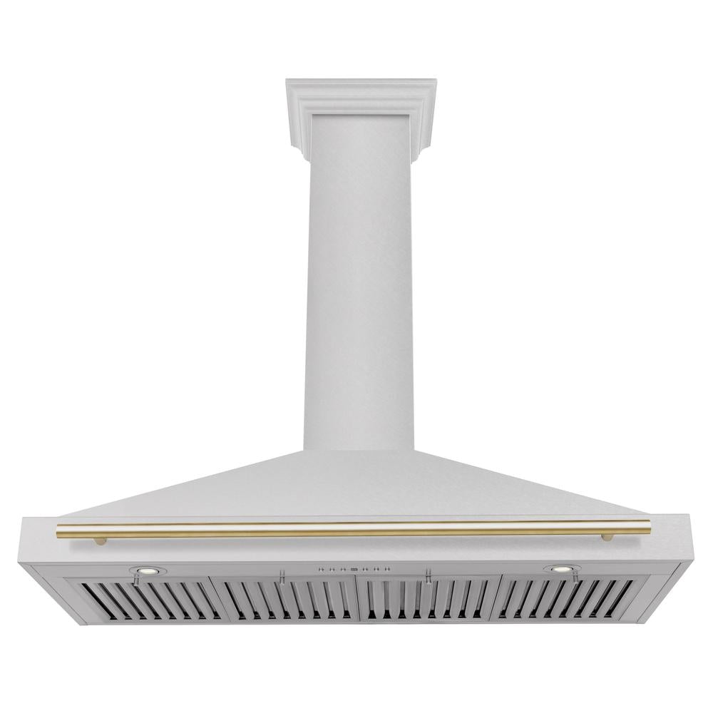 ZLINE Autograph Edition 48-inch range hood in satin stainless steel and polished gold accents KB4SNZ-48-G, view 3