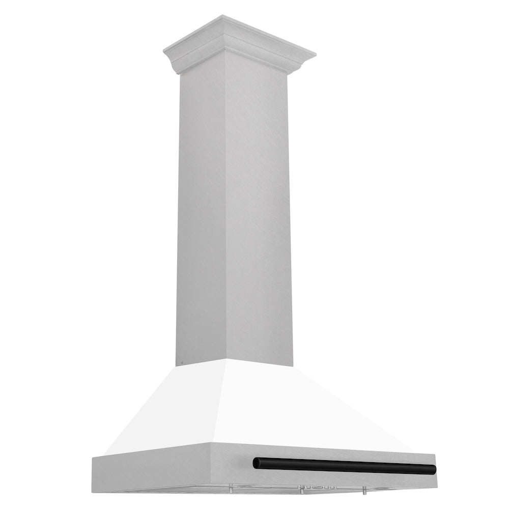 ZLINE Autograph Edition 30-inch range hood in satin stainless steel and matte black accents KB4SNZ-WM30-MB