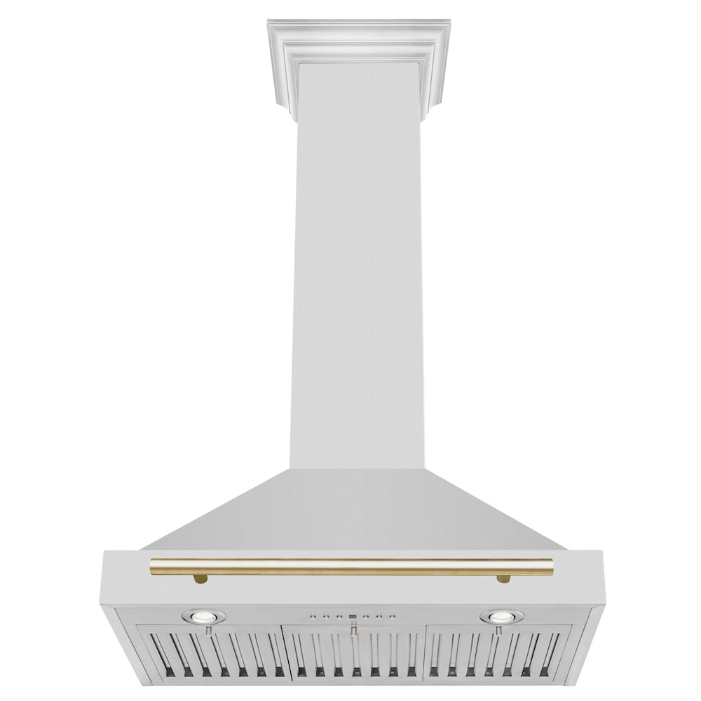 ZLINE Autograph Edition 30-inch range hood in stainless steel and polished gold accents KB4STZ-30-G, view 3