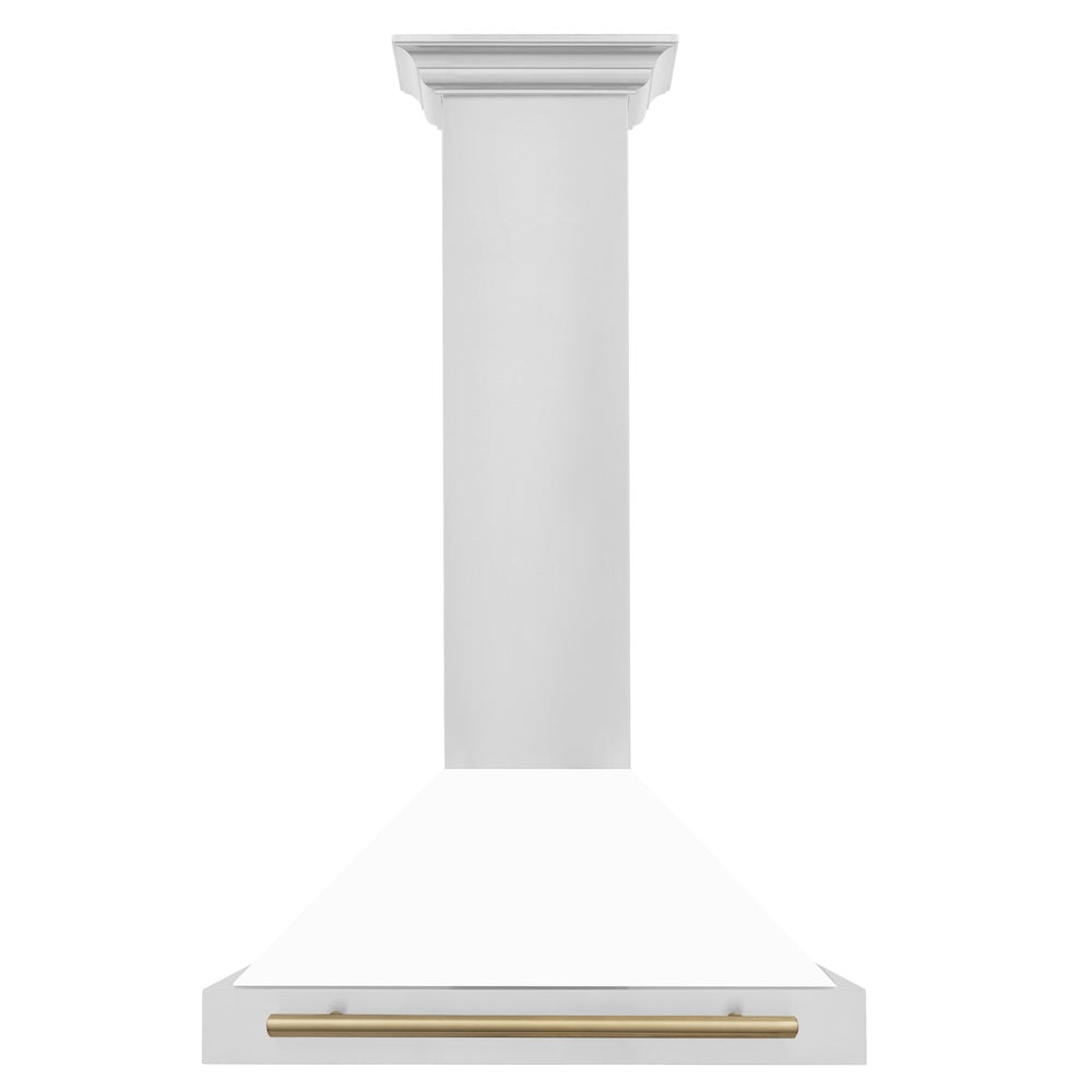 ZLINE Autograph Edition 30-inch range hood in white matte and champagne bronze accents KB4STZ-WM30-CB, front view