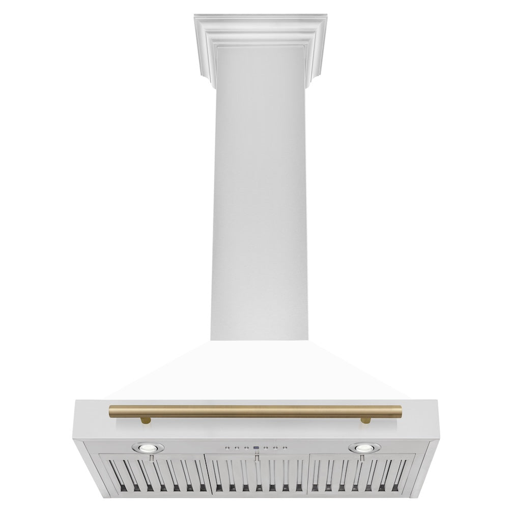 ZLINE Autograph Edition 30-inch range hood in white matte and champagne bronze accents KB4STZ-WM30-CB, view 3
