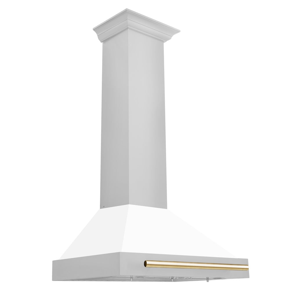 ZLINE Autograph Edition 30-inch range hood in white matte and polished gold accents KB4STZ-WM30-G