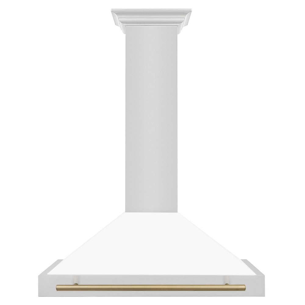 ZLINE Autograph Edition 36-inch range hood in white matte and champagne bronze accents KB4STZ-WM36-CB, front view