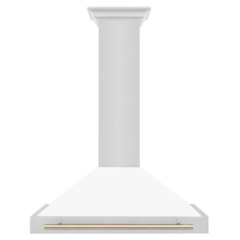 ZLINE Autograph Edition 36-inch range hood in white matte and polished gold accents KB4STZ-WM36-G, front view