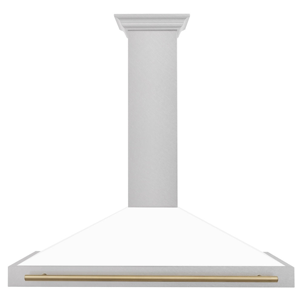 ZLINE Autograph Edition 48-inch range hood in satin stainless steel and champagne bronze accents KB4SNZ-WM48-CB, front view