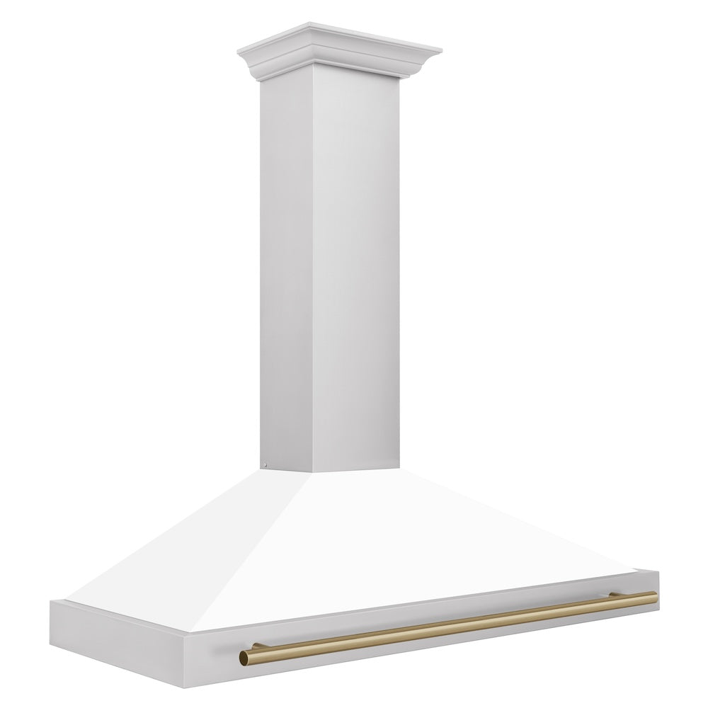 ZLINE Autograph Edition 48-inch range hood in white matte and champagne bronze accents KB4STZ-WM48-CB, side view
