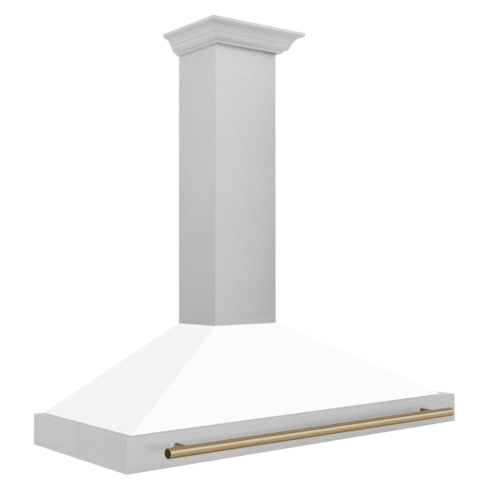 ZLINE Autograph Edition 48-inch range hood in satin stainless steel and champagne bronze accents KB4SNZ-WM48-CB, side view