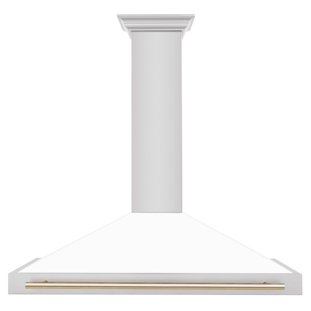 ZLINE Autograph Edition 48-inch range hood in white matte and polished gold accents KB4STZ-WM48-G, front view