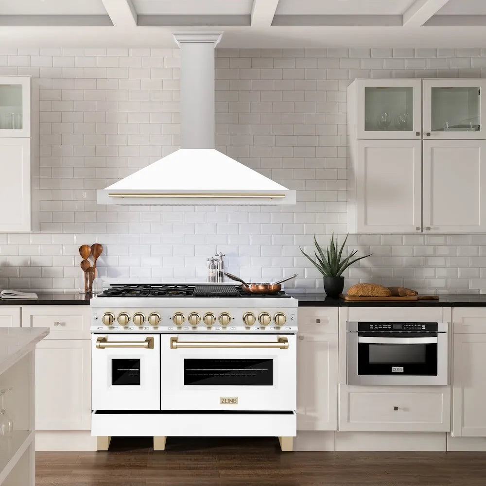 ZLINE Autograph Edition 48-inch range hood in white matte and polished gold accents KB4STZ-WM48-G, view 2