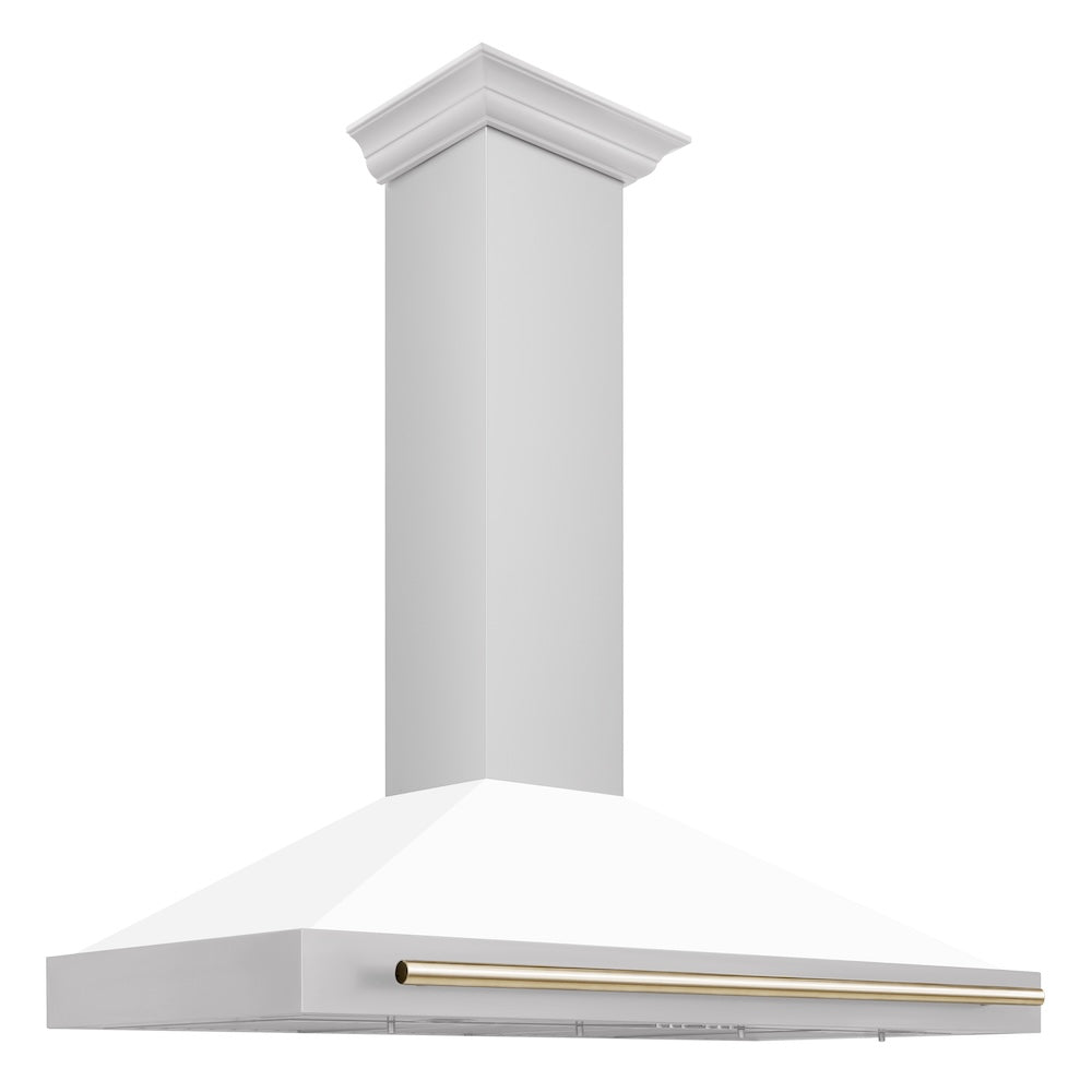 ZLINE Autograph Edition 48-inch range hood in white matte and polished gold accents KB4STZ-WM48-G