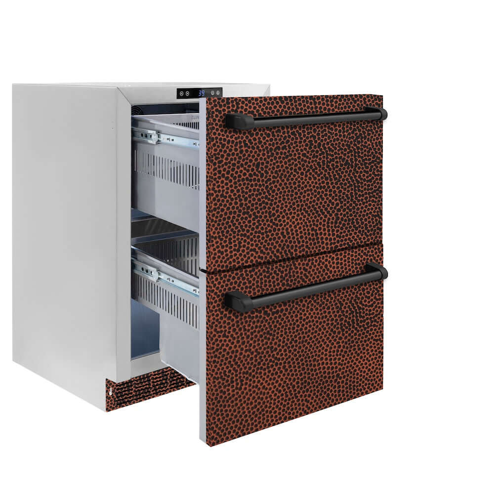 ZLINE Touchstone 24-inch refrigerator in hand-hammered copper RDSO-HH-24, door open