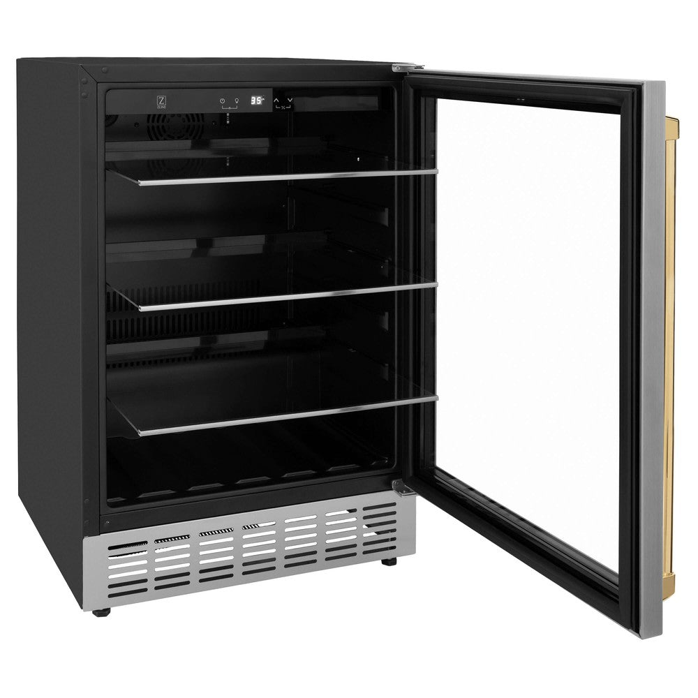 ZLINE Autograph Edition Monument 24-inch beverage fridge in stainless steel and polished gold accents RBVZ-US-24-G, door open