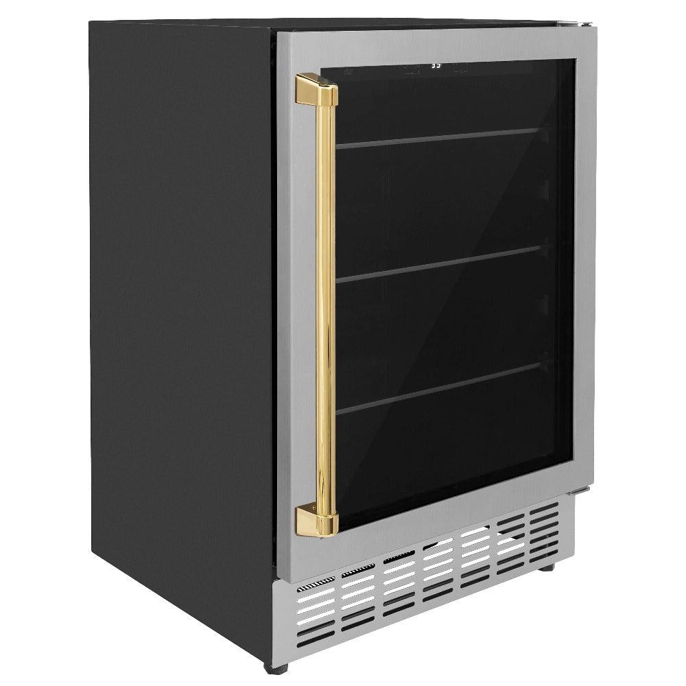 ZLINE Autograph Edition Monument 24-inch beverage fridge in stainless steel and polished gold accents RBVZ-US-24-G, side view