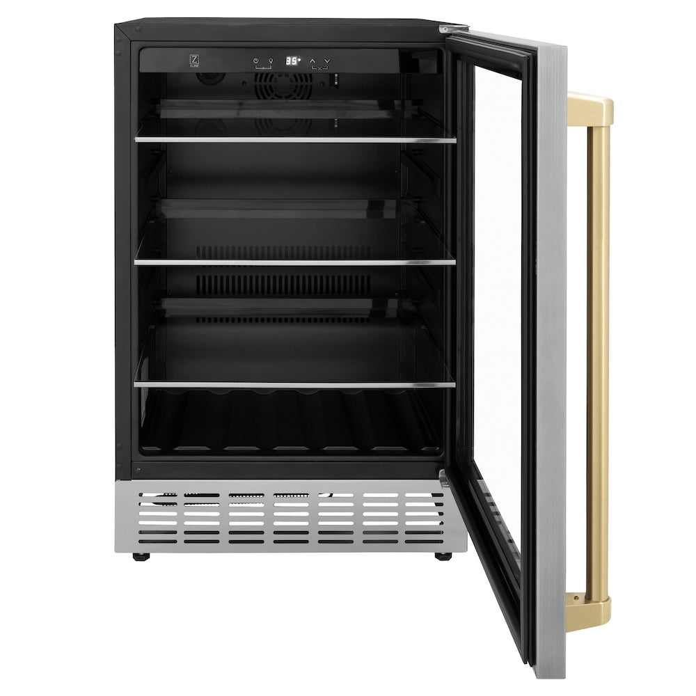 ZLINE Autograph Edition Monument 24-inch beverage fridge in stainless steel and champagne bronze accents RBVZ-US-24-CB, front view