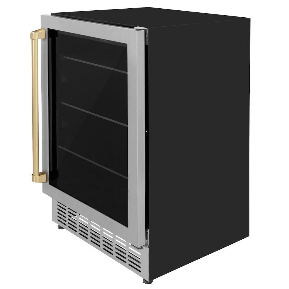 ZLINE Autograph Edition Monument 24-inch beverage fridge in stainless steel and champagne bronze accents RBVZ-US-24-CB, side view
