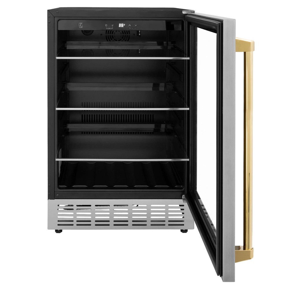 ZLINE Autograph Edition Monument 24-inch beverage fridge in stainless steel and polished gold accents RBVZ-US-24-G, front view