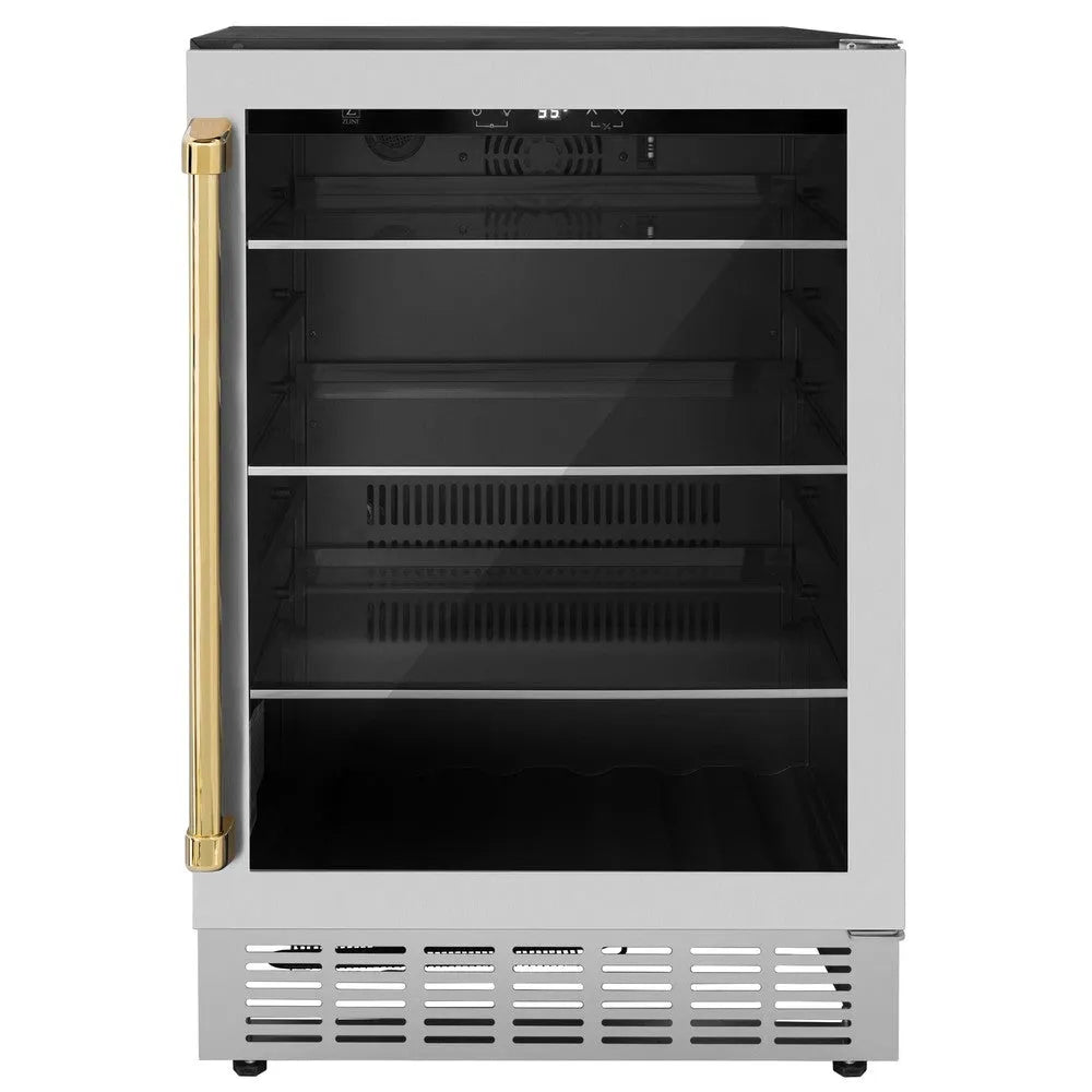 ZLINE Autograph Edition Monument 24-inch beverage fridge in stainless steel and polished gold accents RBVZ-US-24-G