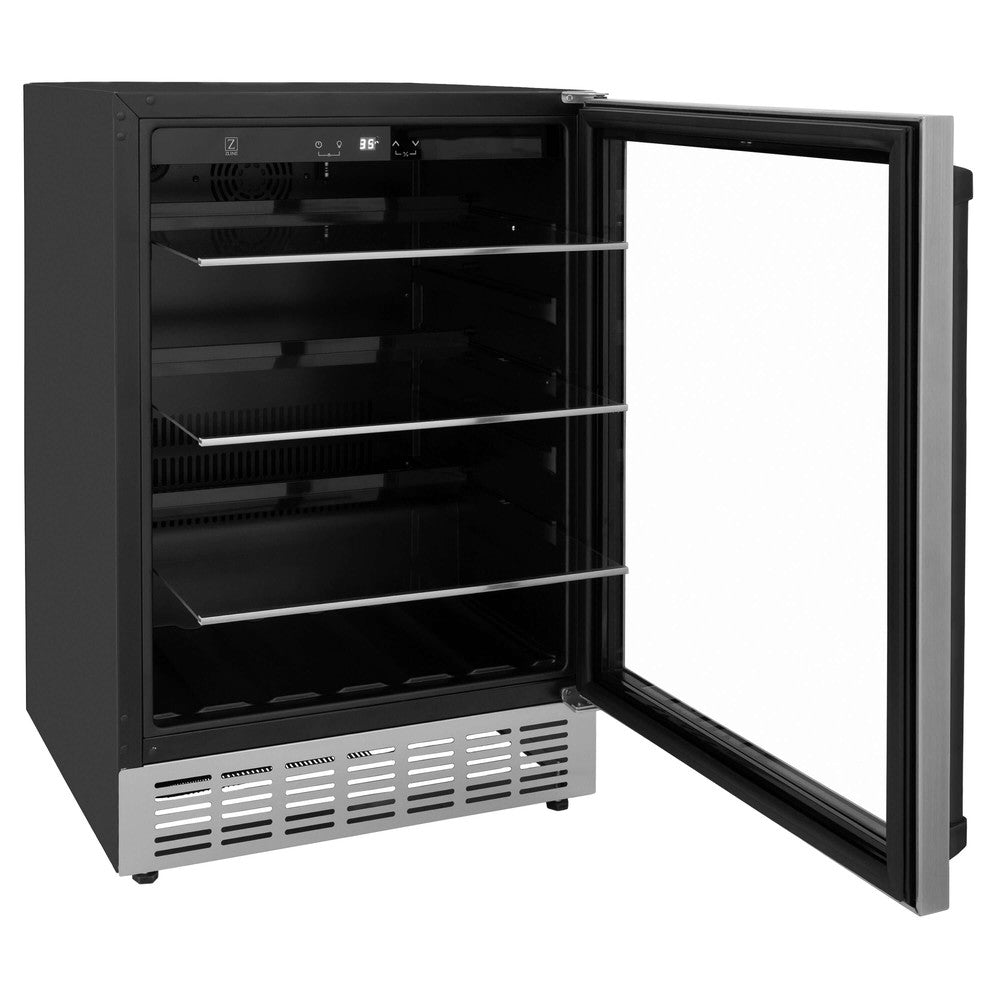 ZLINE Autograph Edition Monument 24-inch beverage fridge in stainless steel and matte black accents RBVZ-US-24-MB, door open
