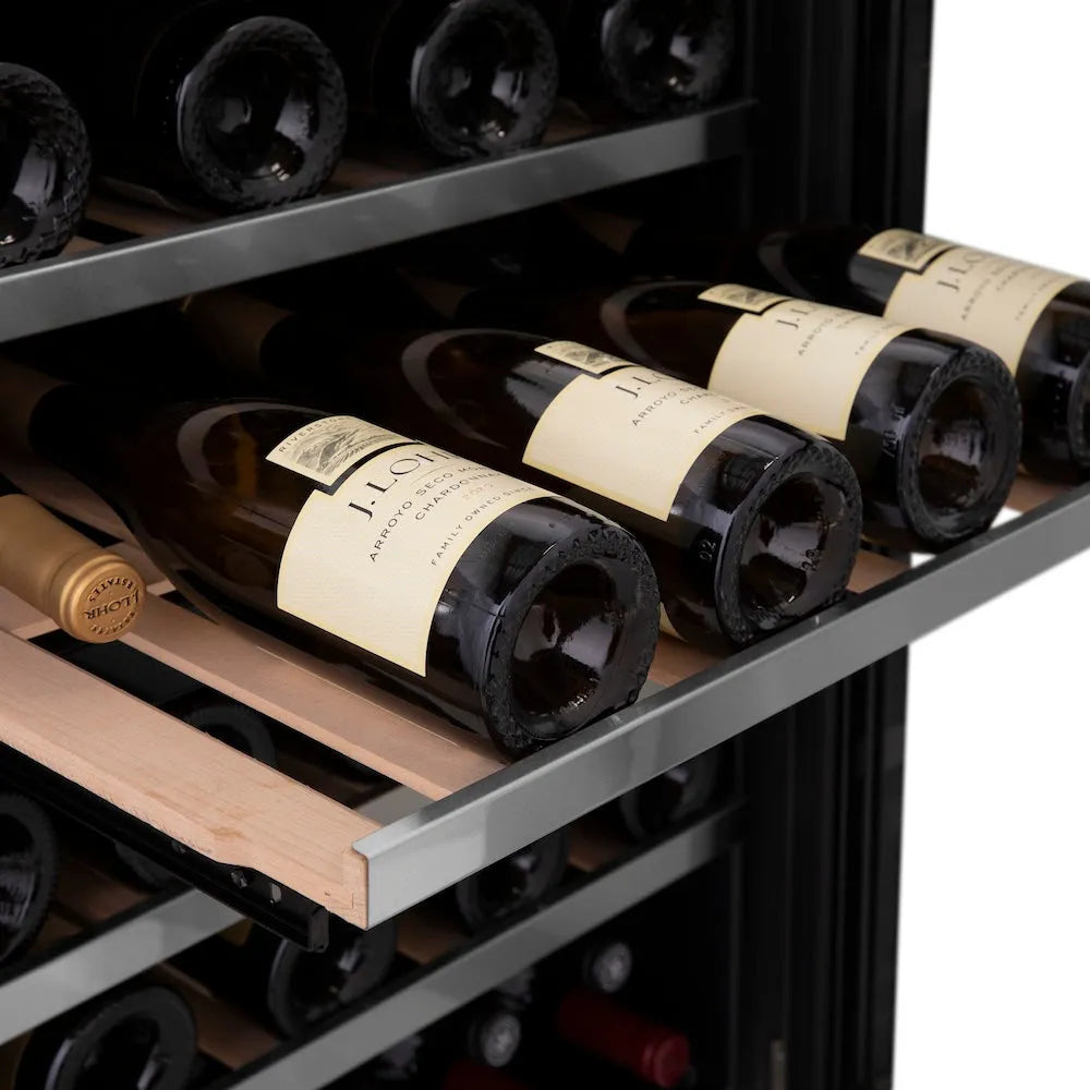 ZLINE Autograph Edition Monument 24-inch wine cooler in stainless steel and champagne bronze accents RWVZ-UD-24-CB, detail