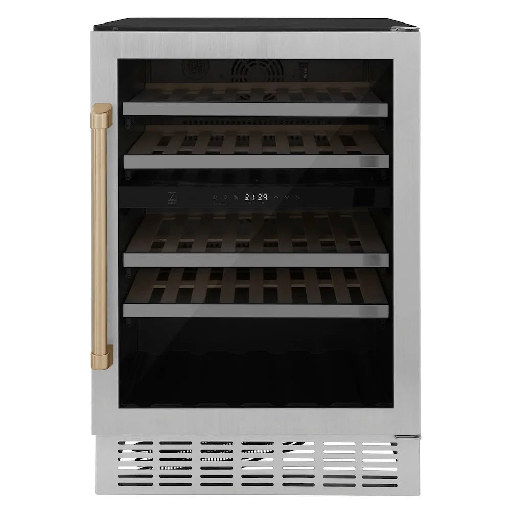 ZLINE Autograph Edition Monument 24-inch wine cooler in stainless steel and champagne bronze accents RWVZ-UD-24-CB