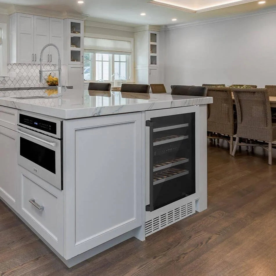 ZLINE Autograph Edition Monument 24-inch wine cooler in stainless steel and matte black accents RWVZ-UD-24-MB, view 2