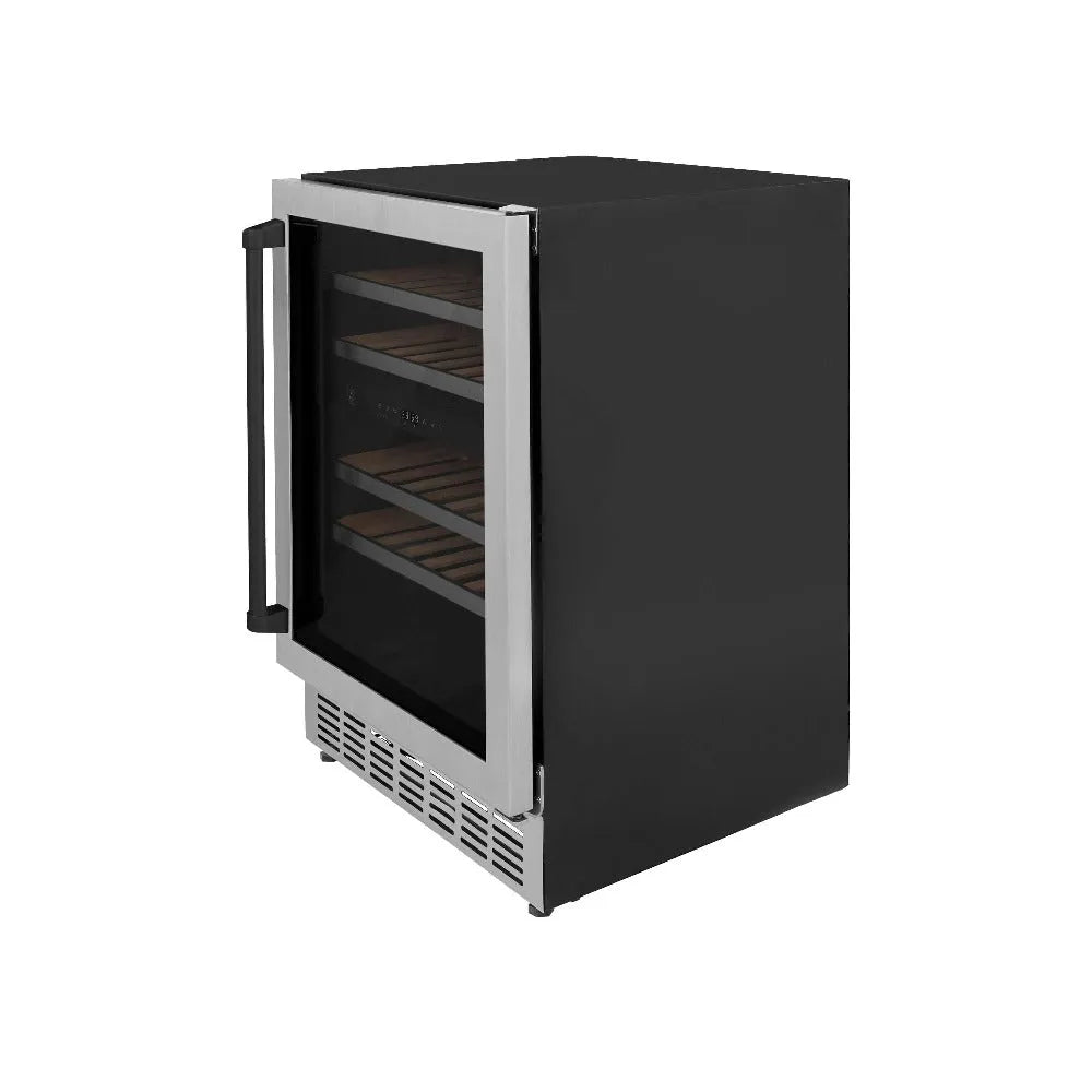 ZLINE Autograph Edition Monument 24-inch wine cooler in stainless steel and matte black accents RWVZ-UD-24-MB, side view