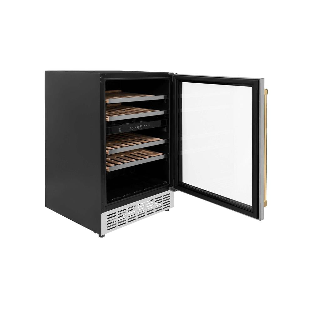 ZLINE Autograph Edition Monument 24-inch wine cooler in stainless steel and polished gold accents RWVZ-UD-24-G, door open