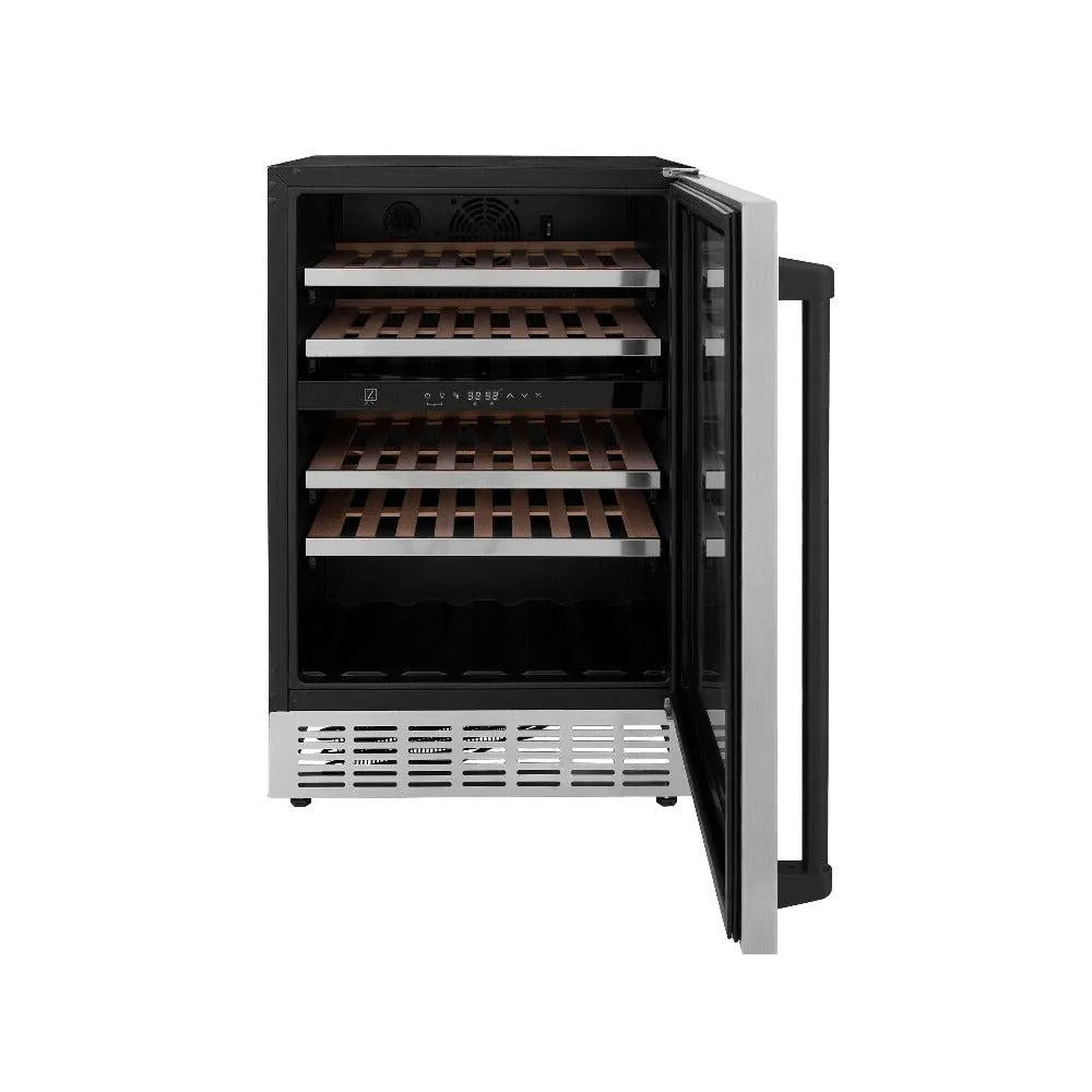 ZLINE Autograph Edition Monument 24-inch wine cooler in stainless steel and matte black accents RWVZ-UD-24-MB, front view