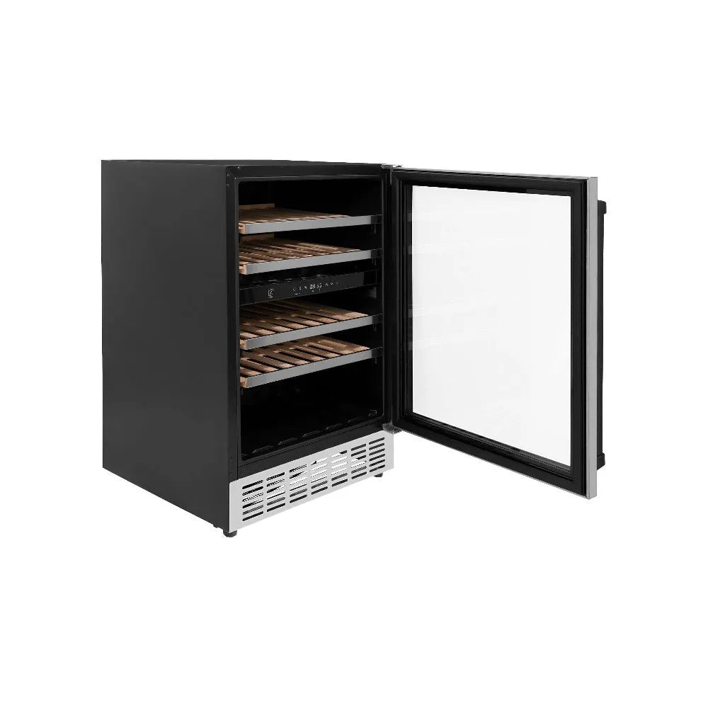 ZLINE Autograph Edition Monument 24-inch wine cooler in stainless steel and matte black accents RWVZ-UD-24-MB, door open