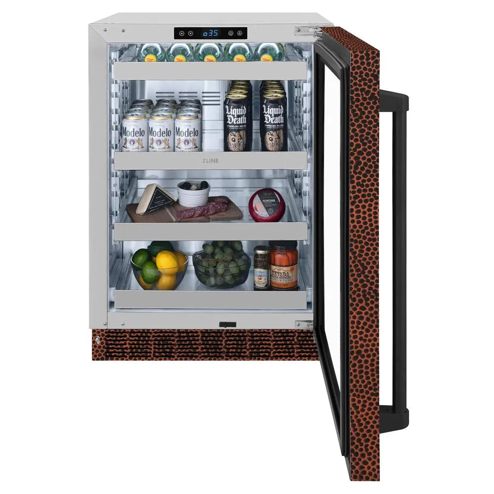 ZLINE Touchstone 24-inch beverage fridge in hand-hammered copper RBSO-HH-24, front view