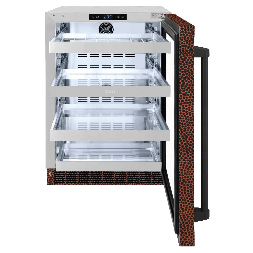 ZLINE Touchstone 24-inch beverage fridge in hand-hammered copper RBSO-HH-24, front view