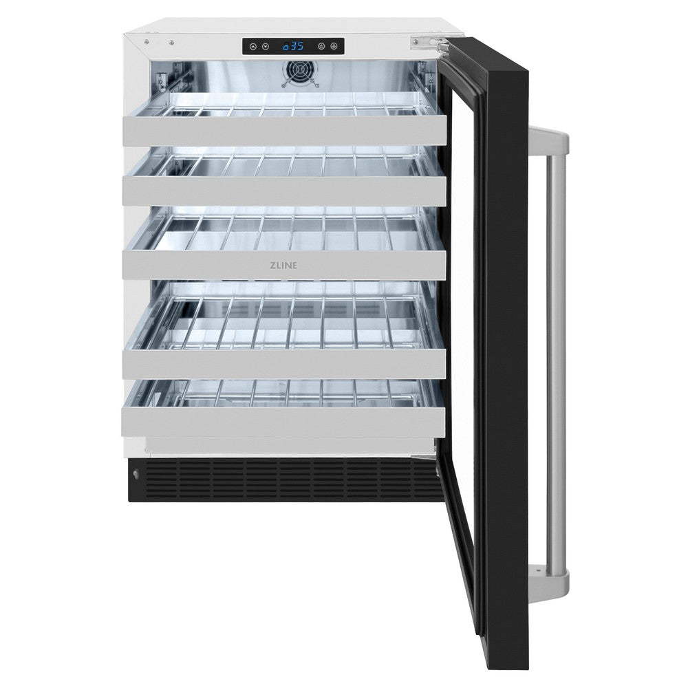 ZLINE Touchstone 24-inch wine cooler in stainless steel with black matte door RWDO-BLM-24, front view