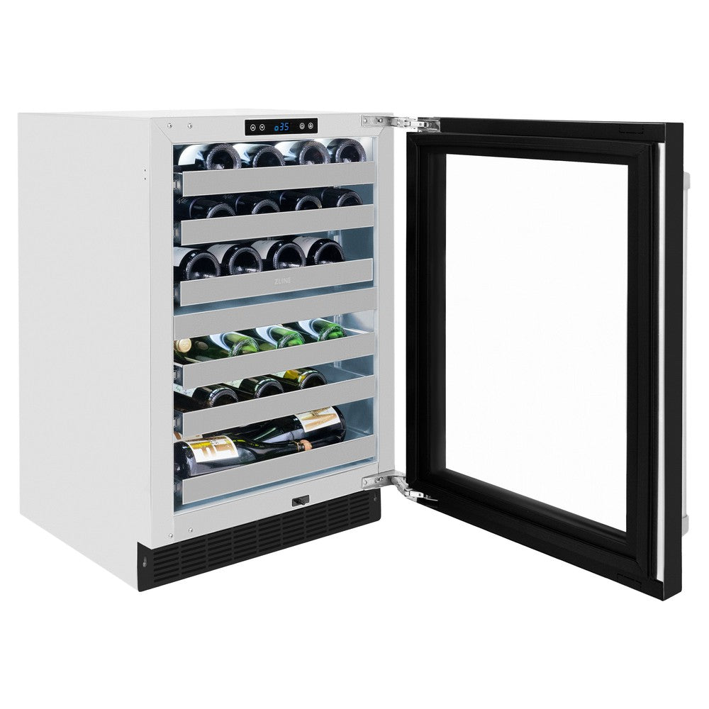 ZLINE Touchstone 24-inch wine cooler in stainless steel with black matte door RWDO-BLM-24, door open