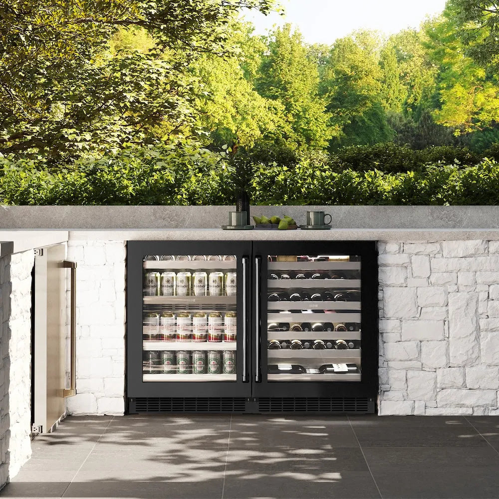 ZLINE Touchstone 24-inch wine cooler in stainless steel with black stainless steel door RWDO-BS-24, front view