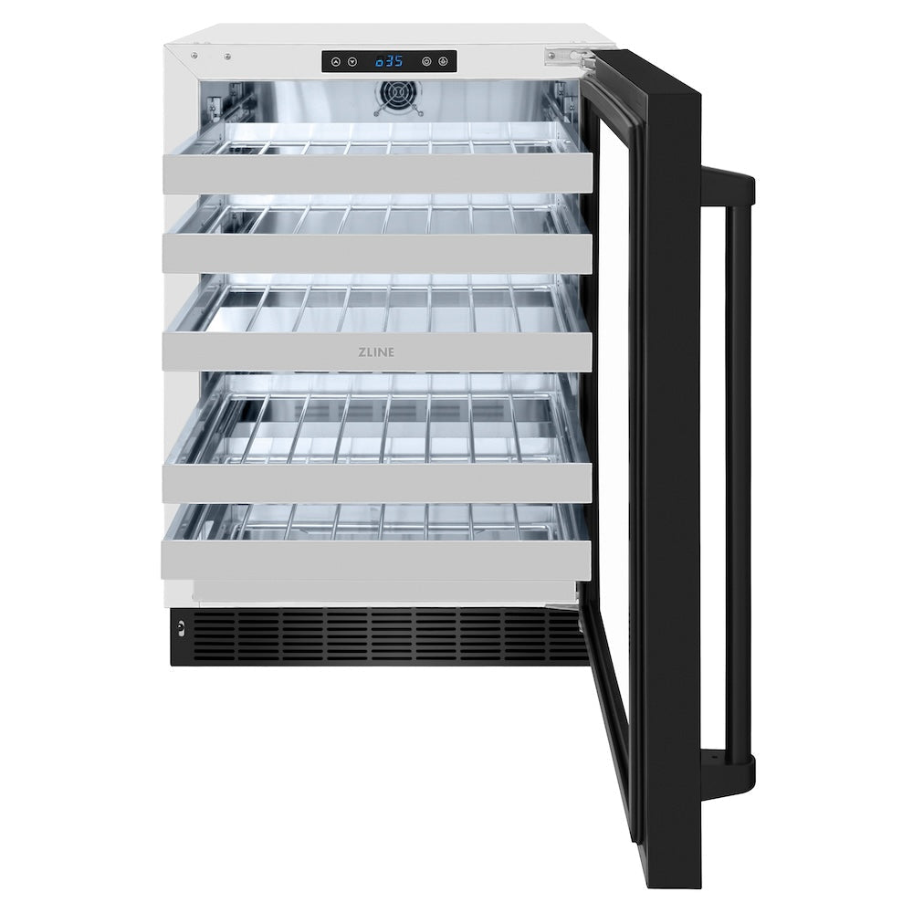 ZLINE Touchstone 24-inch wine cooler in stainless steel with black stainless steel door RWDO-BS-24, front view