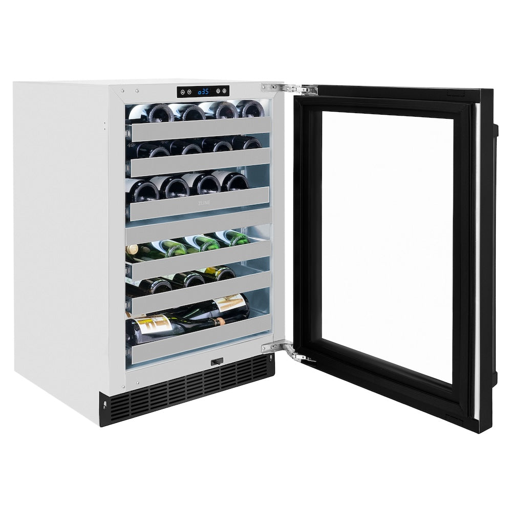 ZLINE Touchstone 24-inch wine cooler in stainless steel with black stainless steel door RWDO-BS-24, door open