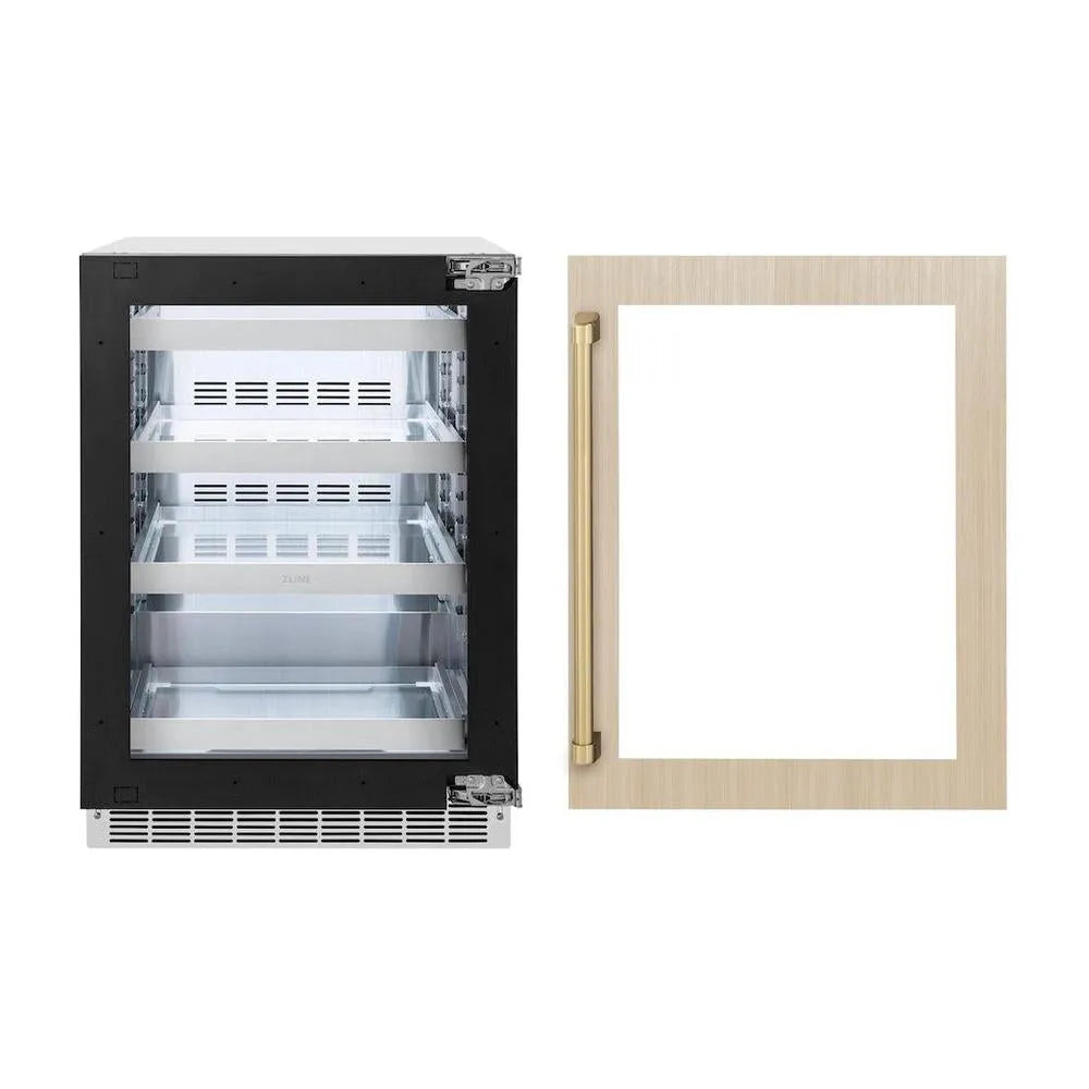 ZLINE Autograph Edition Touchstone 24-inch beverage fridge, panel ready and champagne bronze accents RBSPOZ-24-CB