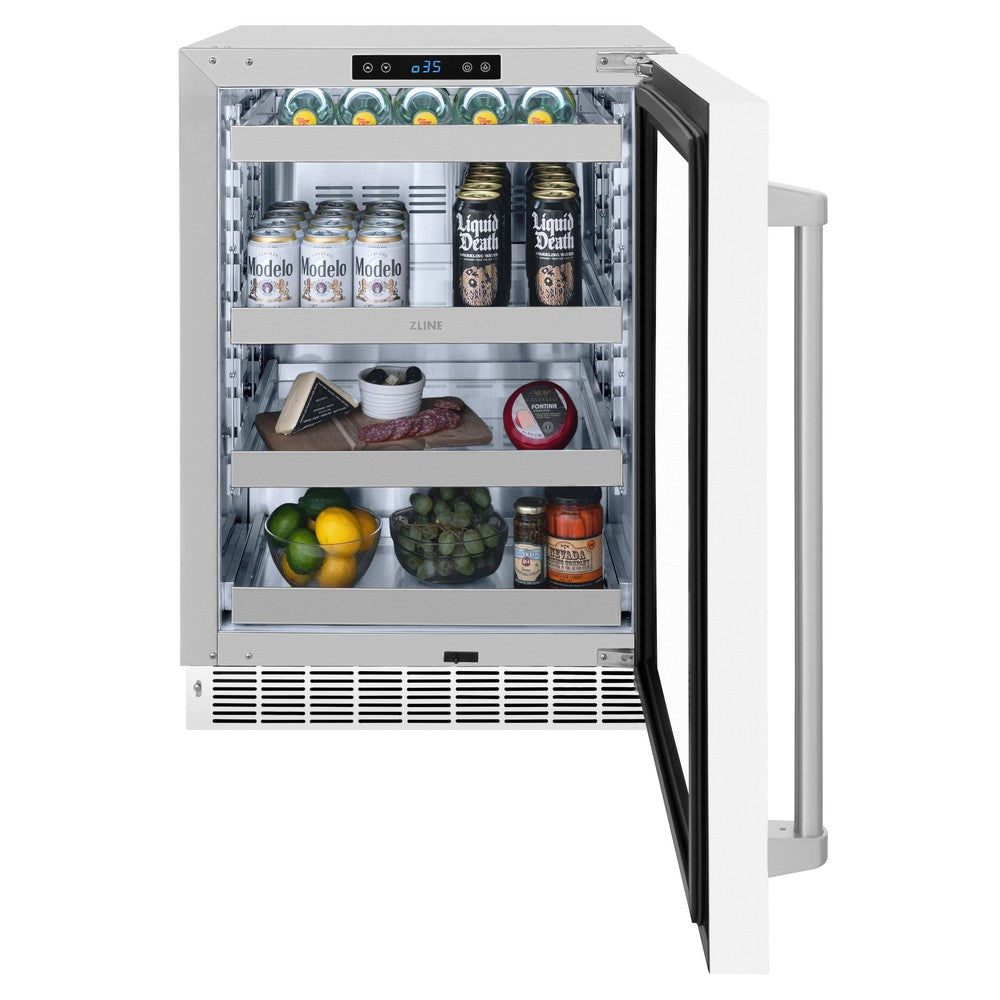 ZLINE Touchstone 24-inch beverage fridge in stainless steel with white matte door RBSO-WM-24, front view