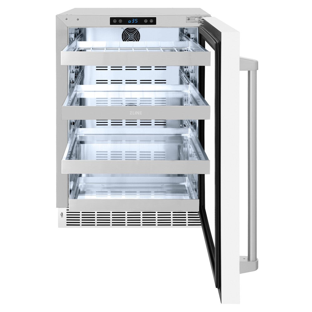 ZLINE Touchstone 24-inch beverage fridge in stainless steel with white matte door RBSO-WM-24, front view