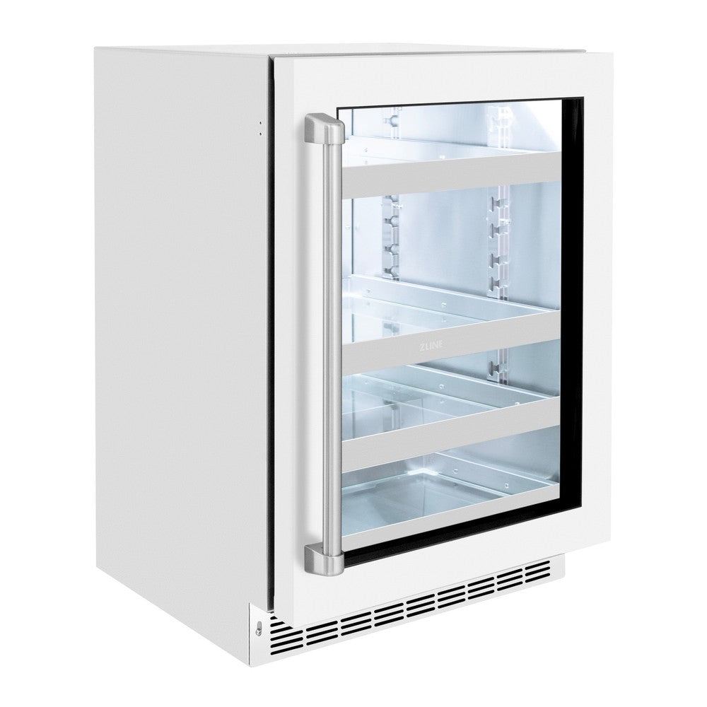 ZLINE Touchstone 24-inch beverage fridge in stainless steel with white matte door RBSO-WM-24, side view