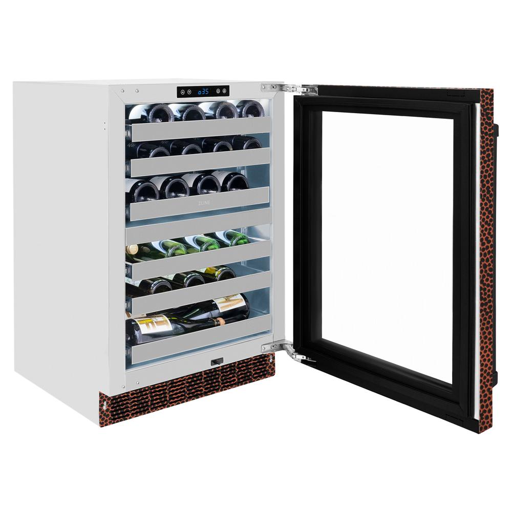 ZLINE Touchstone 24-inch wine cooler in hand-hammered copper RWDO-HH-24, door open