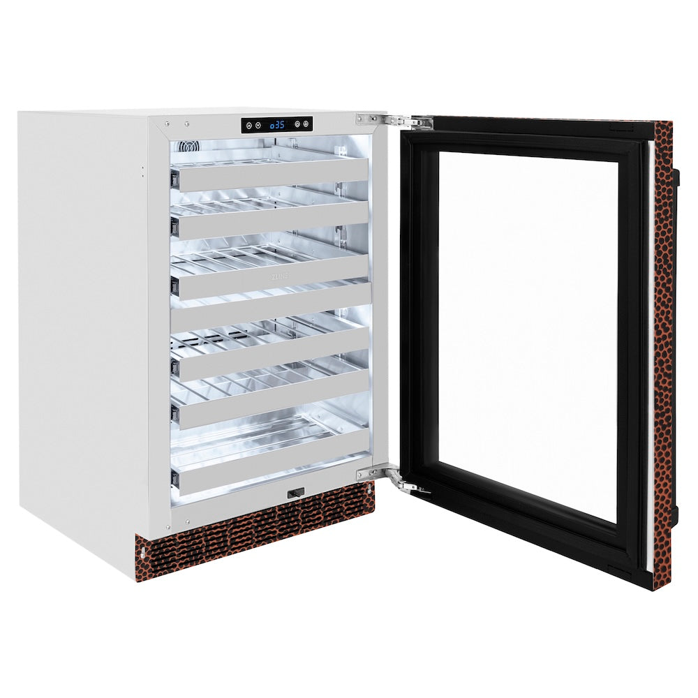 ZLINE Touchstone 24-inch wine cooler in hand-hammered copper RWDO-HH-24, door open