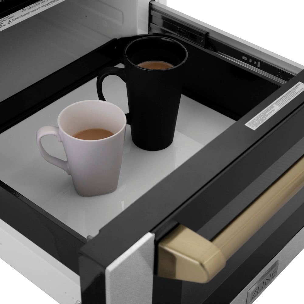 ZLINE Autograph Edition 24-inch microwave in satin stainless steel and champagne bronze accents MWDZ-1-SS-H-CB, detail