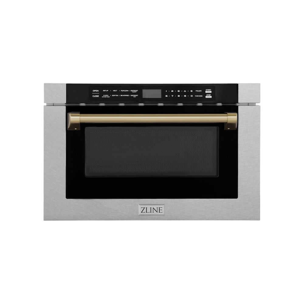 ZLINE Autograph Edition 24-inch microwave in satin stainless steel and champagne bronze accents MWDZ-1-SS-H-CB, front view
