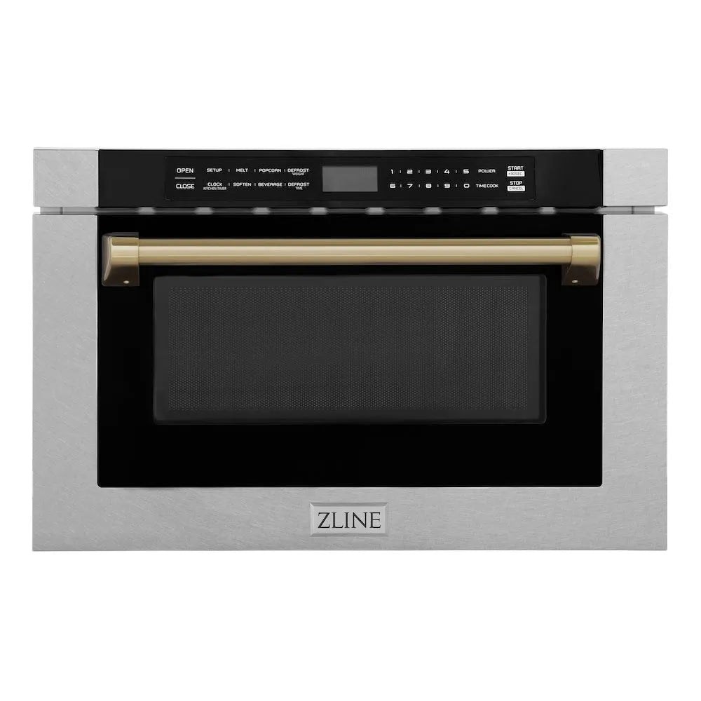 ZLINE Autograph Edition 24-inch microwave in satin stainless steel and champagne bronze accents MWDZ-1-SS-H-CB