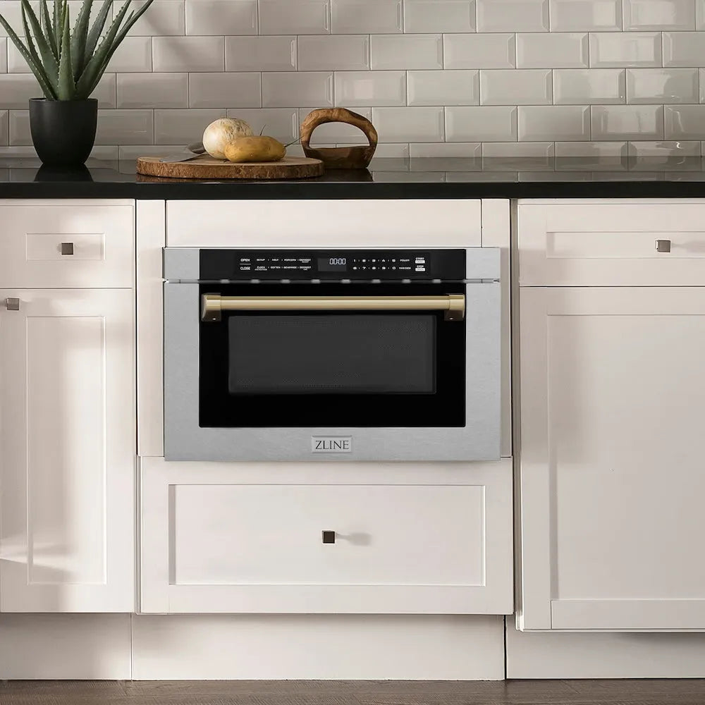 ZLINE Autograph Edition 24-inch microwave in satin stainless steel and champagne bronze accents MWDZ-1-SS-H-CB, view 2
