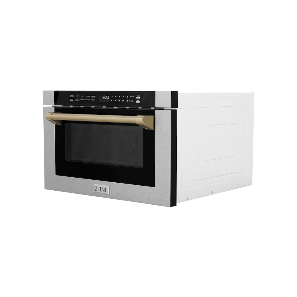ZLINE Autograph Edition 24-inch microwave in satin stainless steel and champagne bronze accents MWDZ-1-SS-H-CB, side view