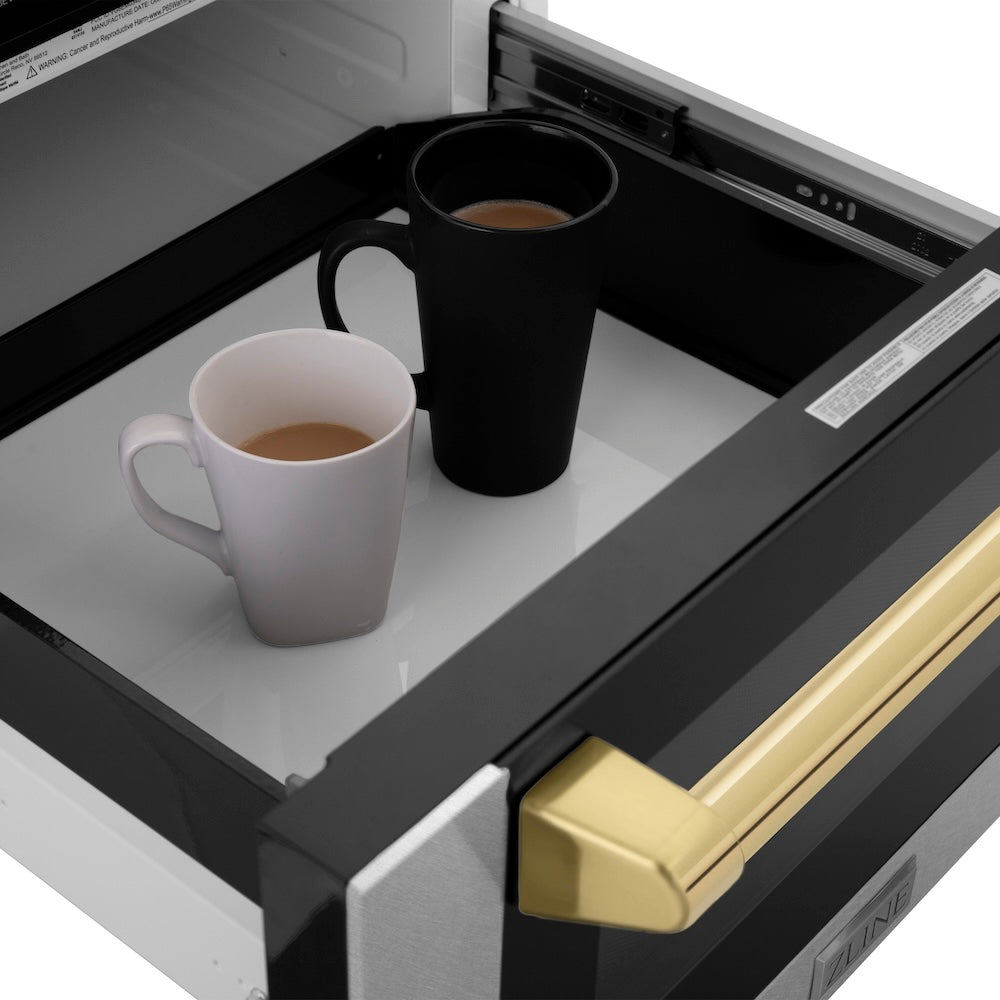 ZLINE Autograph Edition 24-inch microwave in satin stainless steel and polished gold accents MWDZ-1-SS-H-G, detail