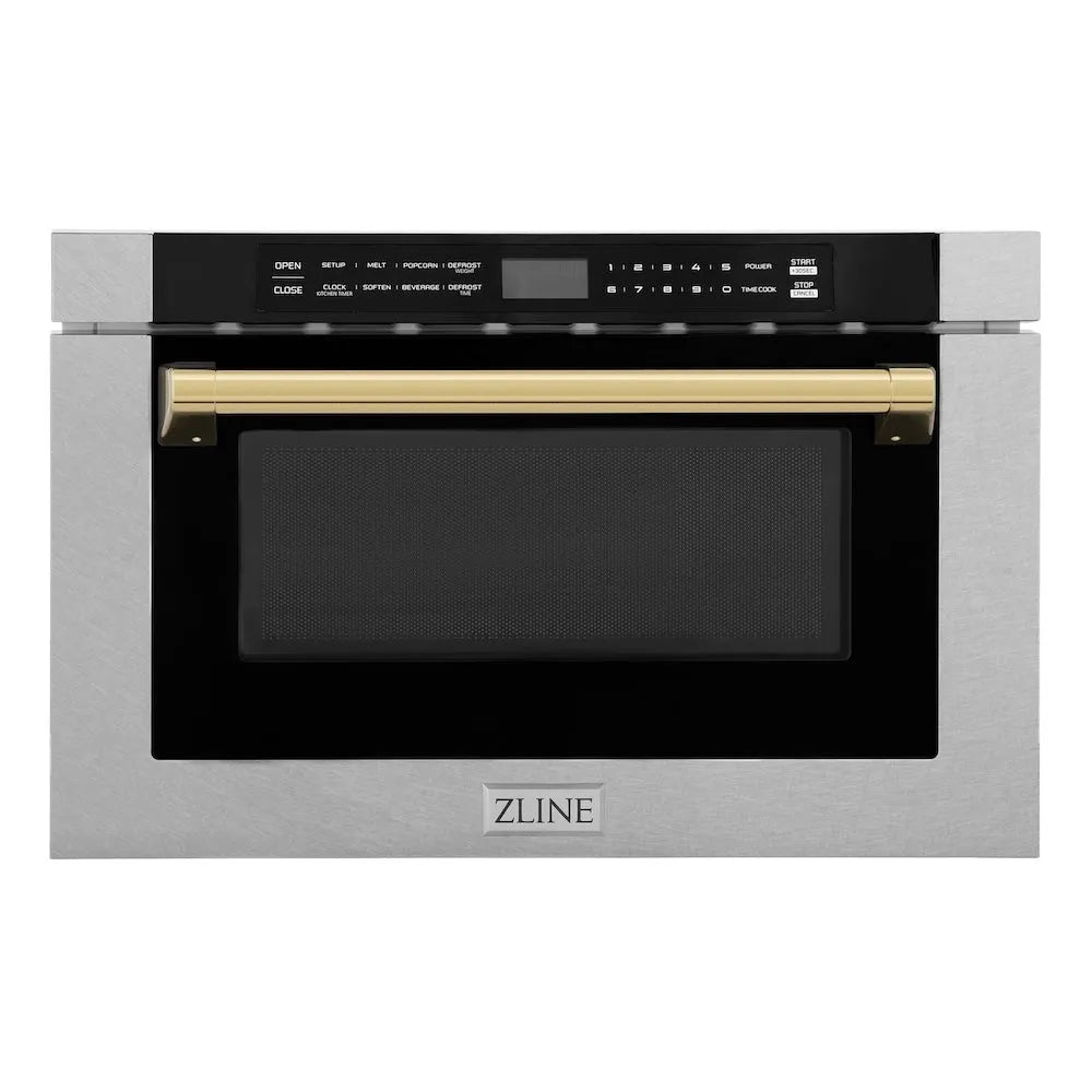 ZLINE Autograph Edition 24-inch microwave in satin stainless steel and polished gold accents MWDZ-1-SS-H-G