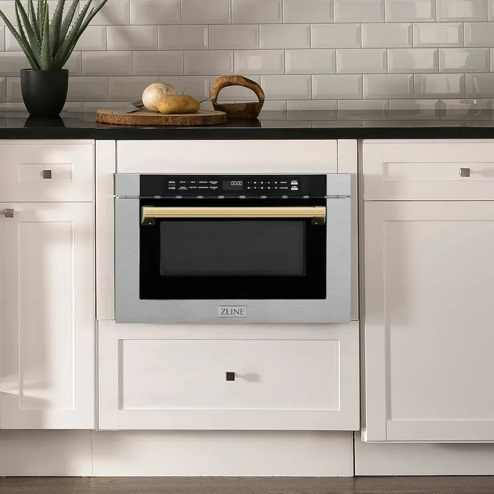 ZLINE Autograph Edition 24-inch microwave in satin stainless steel and polished gold accents MWDZ-1-SS-H-G, view 2
